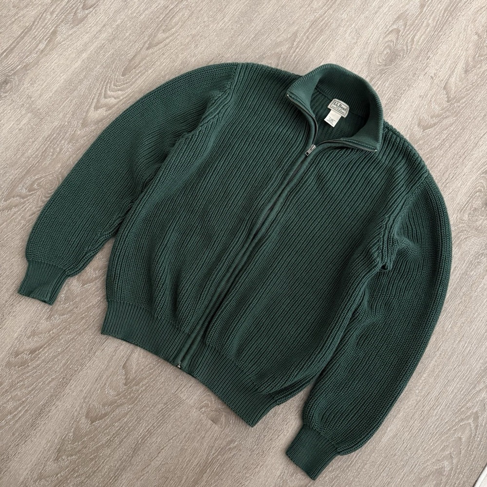 LL Bean Cotton Full Zip Sweater Cardigan Green Ribbed Knit Mock Neck Mens L Reg - Picture 9 of 16
